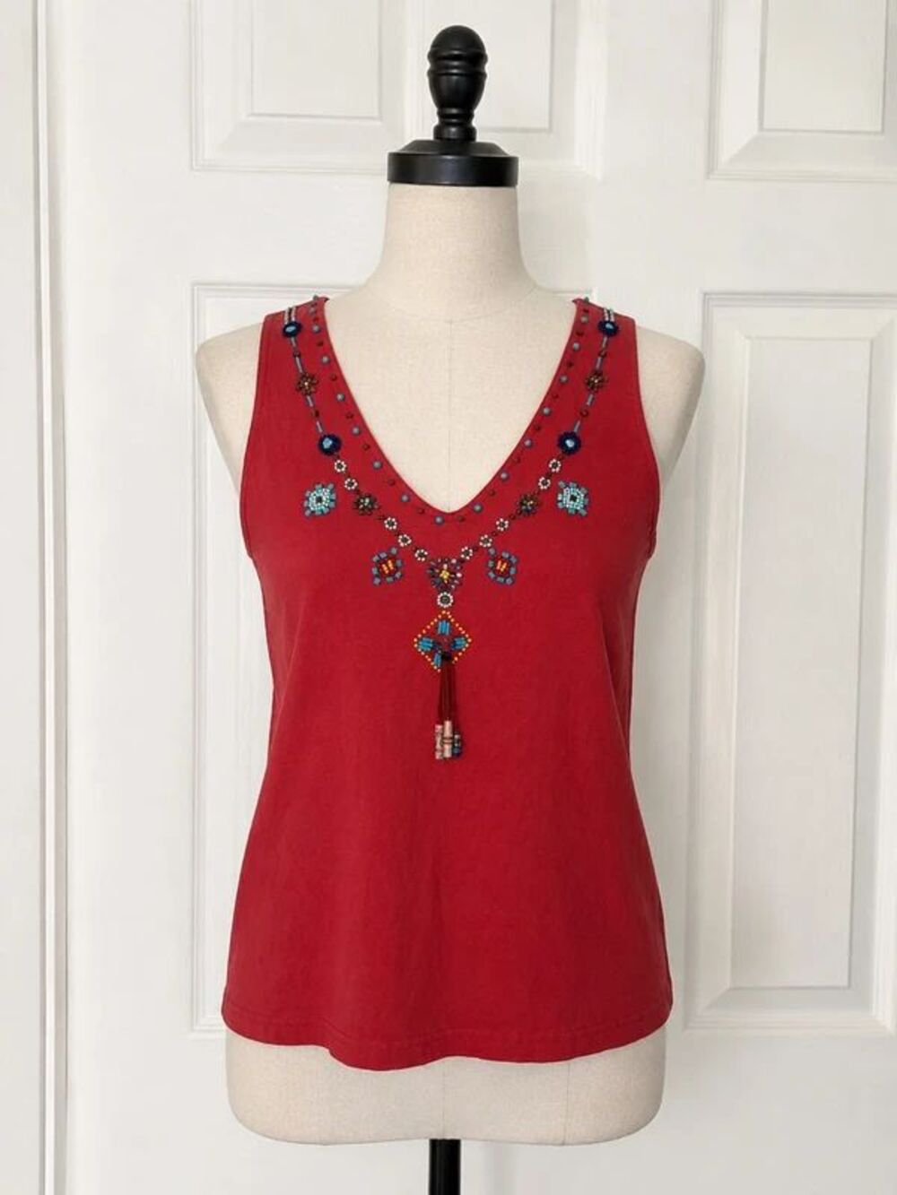 Y2K Beaded Tank Top Orange Red Turquoise Boho Southwestern Together Small
